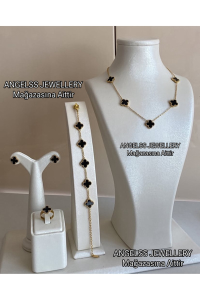 ANGELSS JEWELLERY Yonca Marka Model Siyah Kolye Bileklik Küpe Yüzük Seti (Yonca Model Siyah Set)
