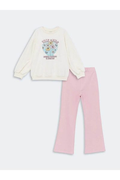 LC Waikiki Lcw Kids Ecru Crew Neck Printed Long Sleeve Girls Sweatshirt & Leggings