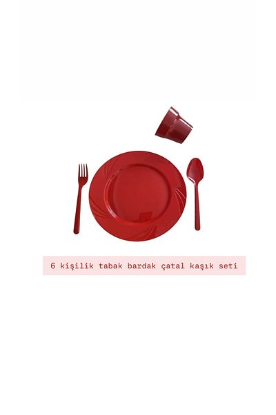 partideyince Plastic Hard Mica Plate Fork Cup Spoon Red Color Set of 6