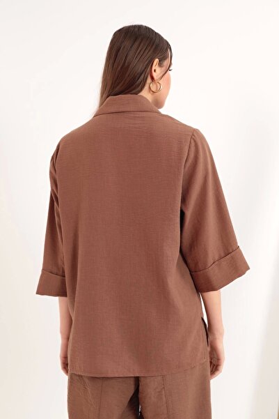 aradimtaradim Keten Kumaş Kemer Detay Cepli Kadın Tunik-Kahve