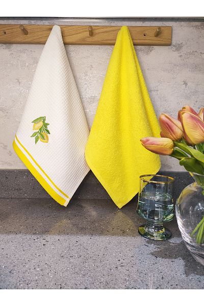 Sevim Set of 2 Kitchen Towels with Yellow Color and Lemon Figures - Soft and Embroidered Cloth