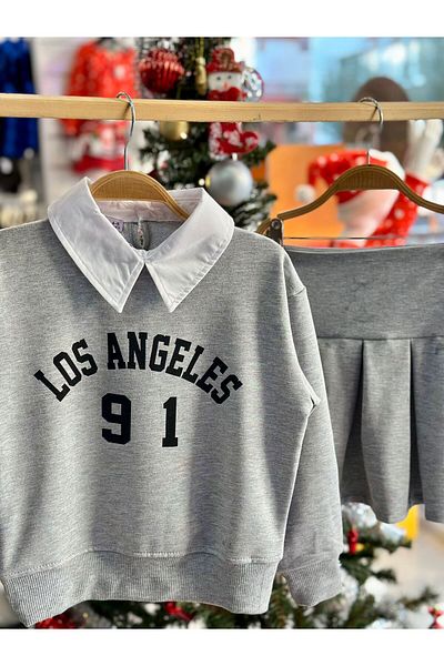 YARENKİDS Girl's Grey Skirt Set - Los Angeles Printed Sweat and Pleated Skirt