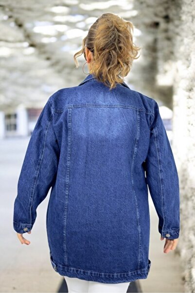 yagmurberen Medium Size Plus Size Denim Jacket with Metal Buttons on the Sides and Double Chest Pockets