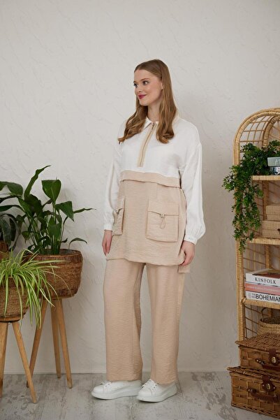 Moodbasic Half Zippered Double Color Beige Women's Suit Mb24.583-2Y4