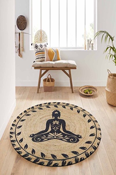 Else Halı Else Yoga Meditasyon Desenli Doğal El Örgü Yuvarlak Dekoratif Jüt H...