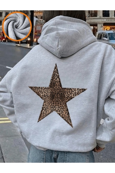 Derays Yıldız Leopar Kapüşonlu Kadın Sweattshirt