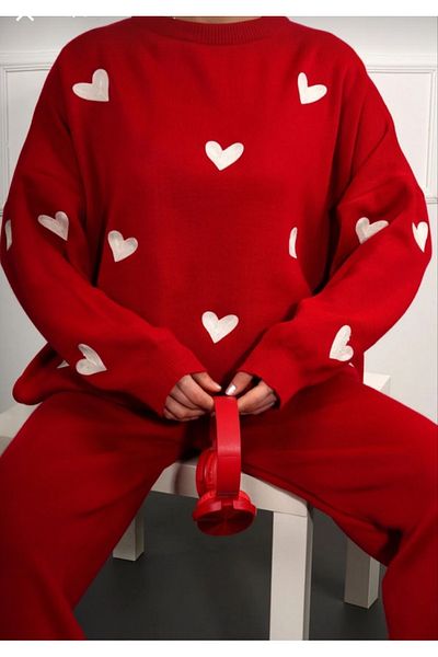 POLANGEL Red Women's Knitwear Set - Crew Neck, Heart Sweater and Pants 1344