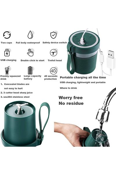 COOYA Wireless Rechargeable Juicer 300ml 650W USB Charging, Portable Blender for Fruits, Green/Clear