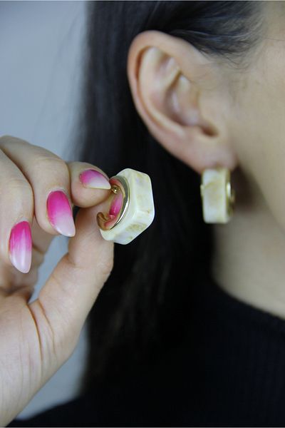 homet White Bone Pattern and Brass Earrings