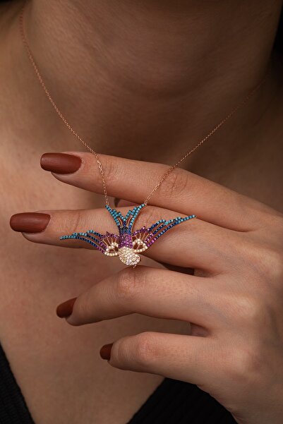 Nereze 925 Ayar Renkli Taşlı Anka Kuşu Kolye Bayan Gümüş Kolye