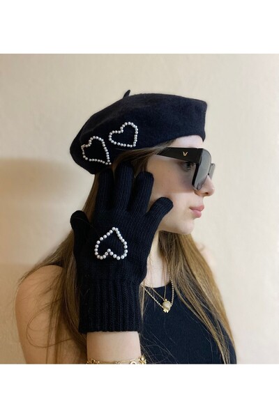 sema aksesuar Heart Motif Black French Painter Set of 2 Berets and Gloves - N...