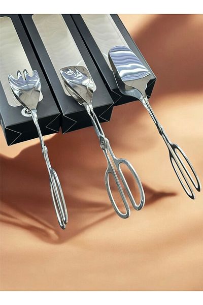 LeesHome طقم ملقط سلطة كيك معكرونة فضي فاخر مكون من 3 قطع