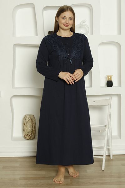 ERDENİZ TEKSTİL Women's Lace Detailed and Buttoned / Combed Cotton Fabric Large Size Nightgown / Mother's Nightgown