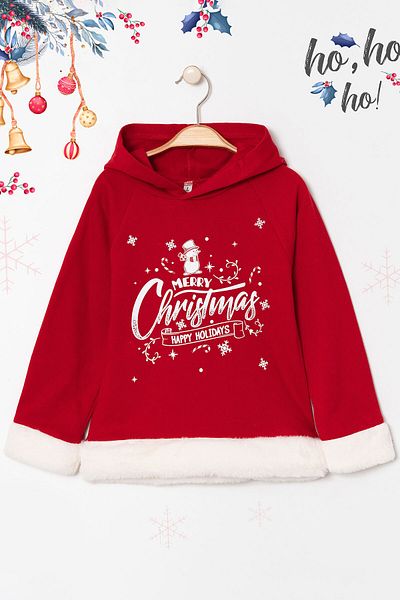 Beniizle Christmas Printed Christmas Themed Hooded 2 String Ribbed Children's Sweatshirt