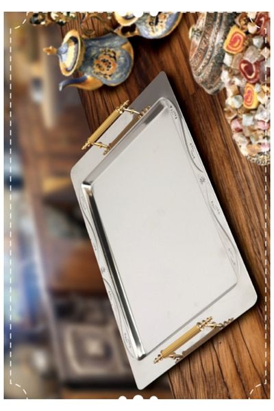 Penguen Luxury Tea Tray 45X30 cm – Metal with Yellow Handles, Embossed Pattern, Fashionable and Durable