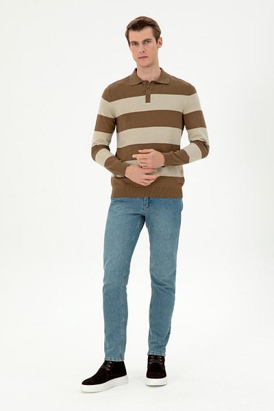 U.S. Polo Assn. 100% Cotton Polo Neck Striped Men's Basic Sweater