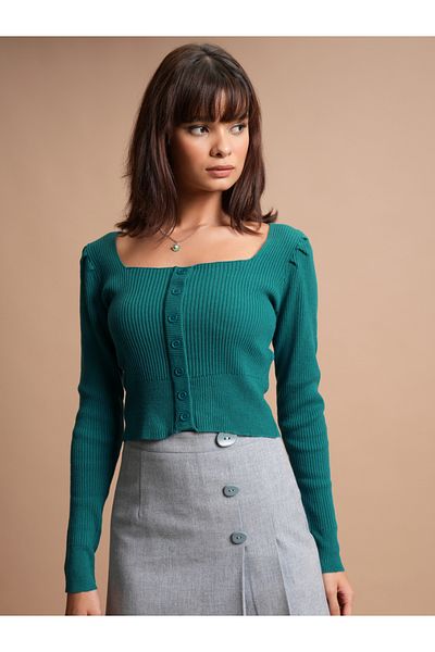 Tokyo Talkies By Styli Ribbed Crop Button Detail Sweater
