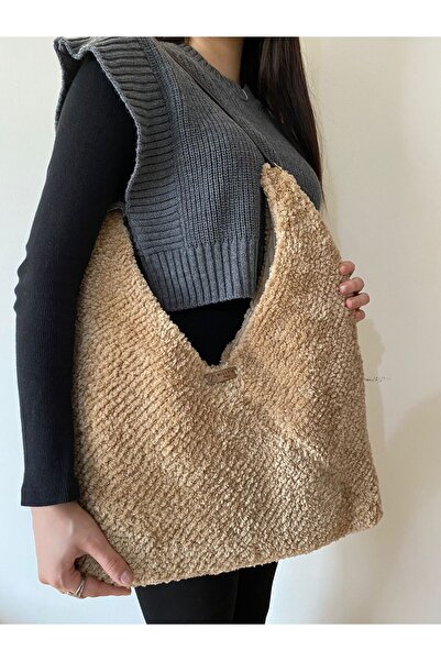 Nillys Kadın Panda İp Deve Tüyü Rengi Suni Deri Saplı Duck Keten Astarlı Heyb...