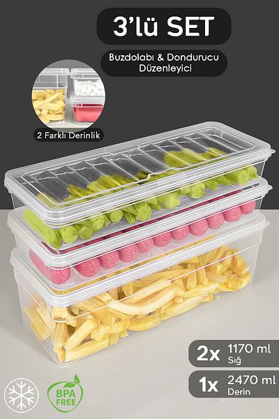 Meleni Home Set of 3 Microwave Compatible Storage Containers - Organizer L with Clear Lid