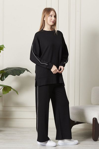 soBasic Modal Long Size Cycling Collar Waist with Elastic Ankle Detail Wide Legs Tracksuit Suit-Xl - Black