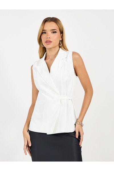 Styli Notch Lapel Sleeveless Blazer with Wrap Waist Detail