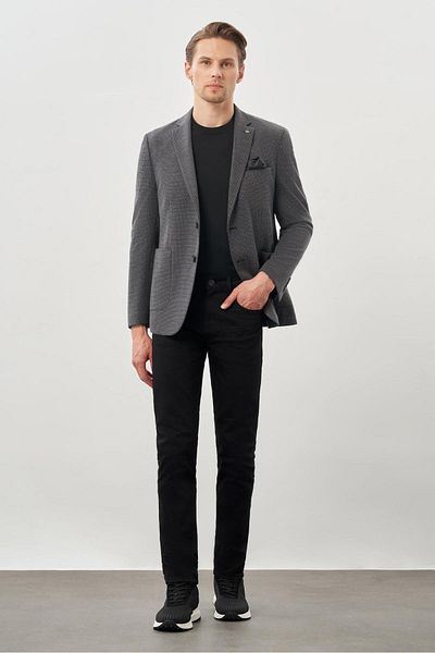 İmza Черно плетено яке Slim Fit с моно яка и шарка „петена кука“ - 2 копчета, 6 капки, 1002245166_001