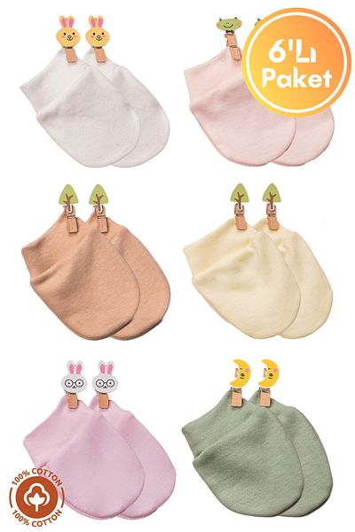 Miniel 6 Pairs of Unisex Baby Gloves - Organic Cotton Combed Newborn Set