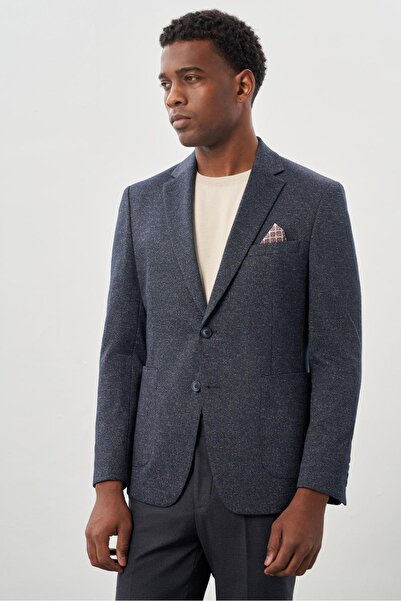 İmza Flexible Dark Navy Print Mono Neck Slim Fit Jacket - Unlined 1002245159