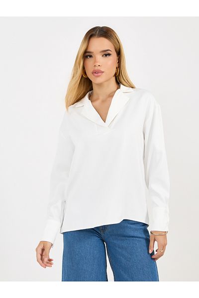 Styli Notch Lapel Collar Top with Long Sleeves