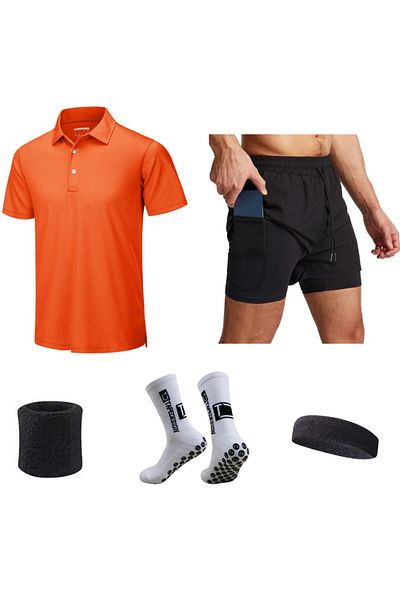 parypary Polo Neck Dry Touch T-Shirt and Tights with Short Shorts - Silicone Anti-Slip Socks 5-Piece Tennis Set