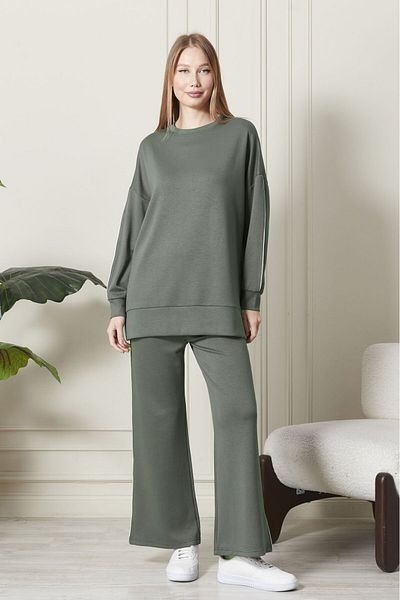 soBasic Set de trening MODAL de culoare kaki cu gât lung și picioare largi - cu talie elastică