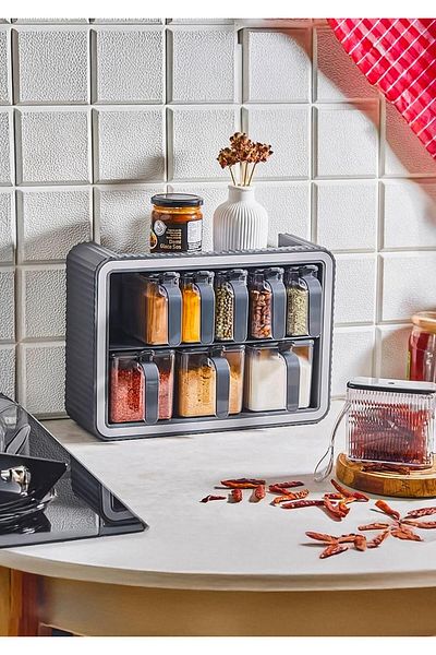 HomeTarz Wall Hanging Spice Dispenser Set - Set of 9 Food Dispensers - 19 Pieces with Spoon - Black