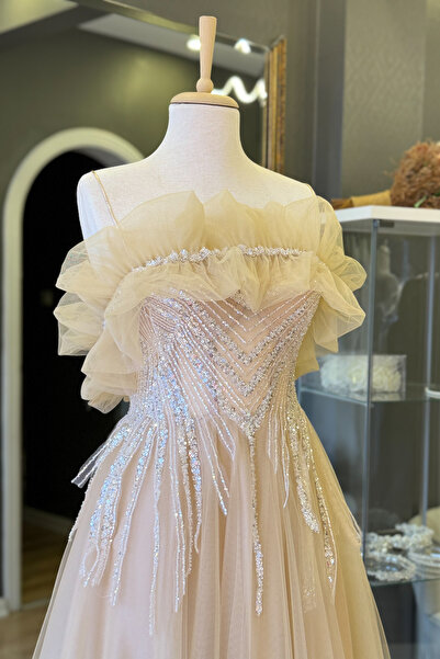 Lenta Moda Ten Rengi Değiştirilebilir Yaka Detaylı İşlemeli Dantel Kaplama Maxi Boy Tül Abiye Ve Gece Elbisesi