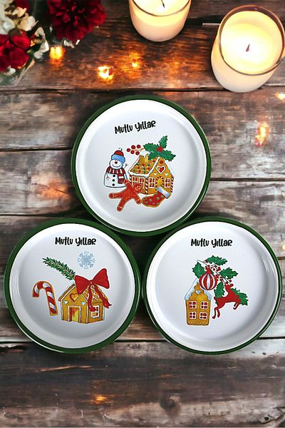 İnci Emaye 16 cm 3 Piece Enamel Plate Single Coffee Plate, Serving Plate Cookie Plate, New Year, Gift,