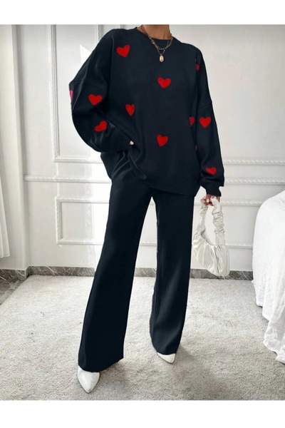 MissPul Women's Black Crew Neck Heart Sweater Pants Knitwear Bottom Top Set