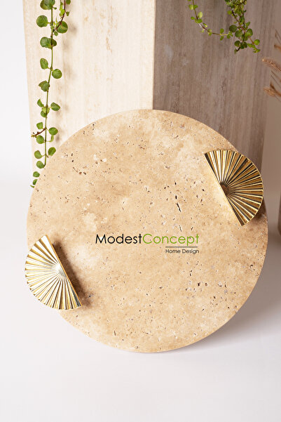 Modestmar Traverten Söz Tepsisi, Sunum Tepsisi, Traverten Yuvarlak Tepsi Gold...