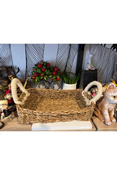 Atak Hediyelik Bambu Dikdörtgen Hasır Sepet Keten Kulplu