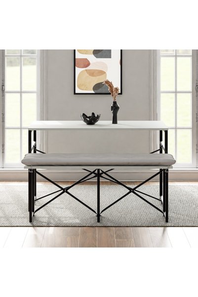 eportatif Masa Takımı Bench Bank Minderli Masa Seti 120x60 Mutfak ve Yemek Masası Beyaz 1563