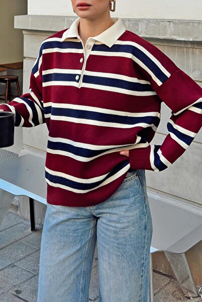 Swist Burgundy Polo Neck Thick Striped Women's Knitwear Sweater
