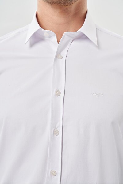 İmza Σκληρό γιακά Λευκό μακρυμάνικο βαμβακερό πουκάμισο Lycra - Slim Fit 1004245234