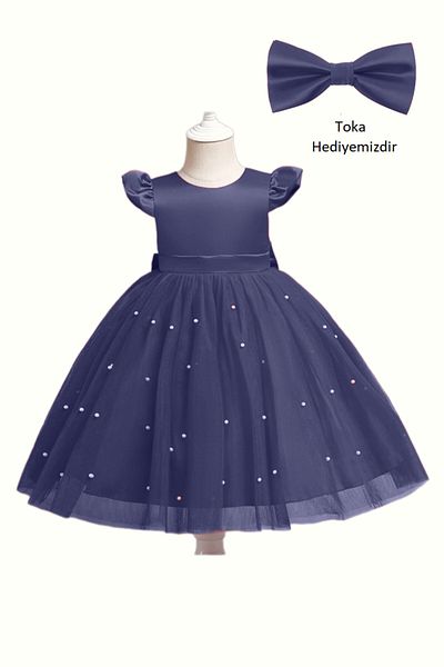 HSNLİFE Navy Blue Pearl Detailed Bow Buckle Gift Dress Graduation Prom Birthday Dress