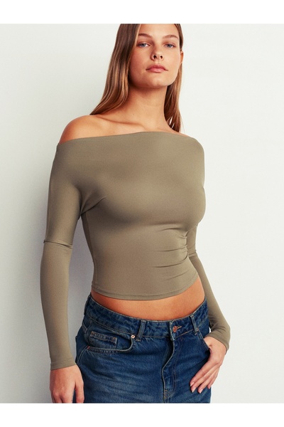 Dilvin 31438 Mocca Asymmetrical Long Sleeve T-Shirt