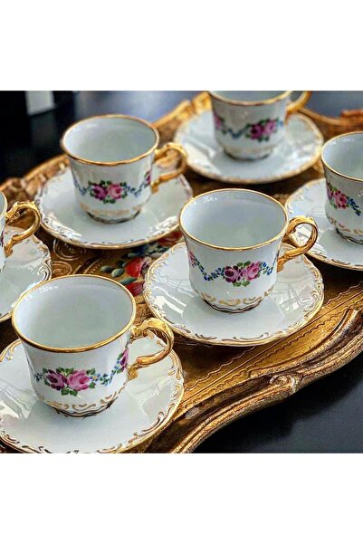 manushum El Boyama Porselen 6lı Set Manolya Double Kahve Fincan Takımı-beyaz