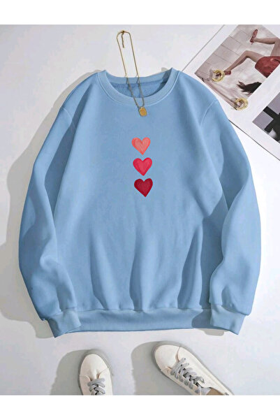 BW Bravely Wear سويت شيرت كبير الحجم بنمط ثلاثة قلوب - قطن، رقبة دائرية، مرتفع