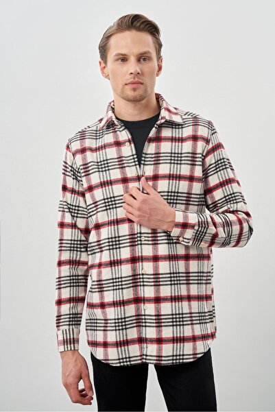 İmza Açık Krem Yünlü Ekose Desen Yumuşak Yaka Cepsiz Uzun Kol Casual Comfort Fit Gömlek 1004245227