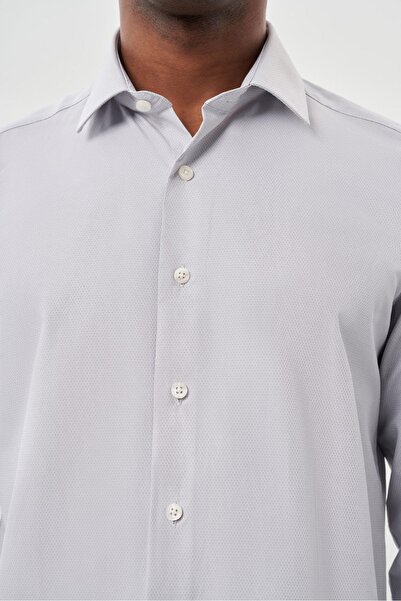 İmza Γκρι μακρυμάνικο Dobby σκληρό γιακά χωρίς τσέπη Βαμβακερό κλασικό πουκάμισο με λεπτή εφαρμογή