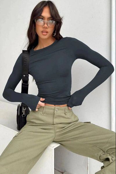 Amorti Gray Lycra Crew Neck Long Sleeve Women's Bodysuit