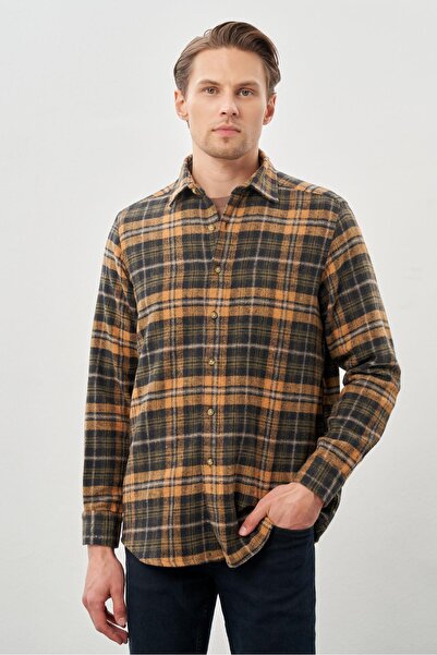 İmza Hardal Yünlü Ekose Desen Yumuşak Yaka Cepsiz Uzun Kol Casual Comfort Fit Gömlek 1004245227