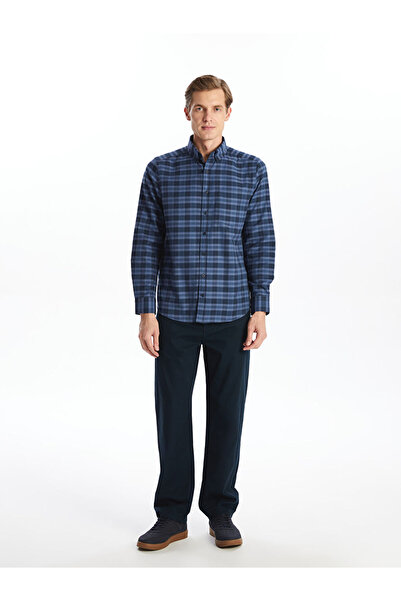 LC Waikiki Indigo Regular Fit Long Sleeve Plaid Gabardine Men's Shirt