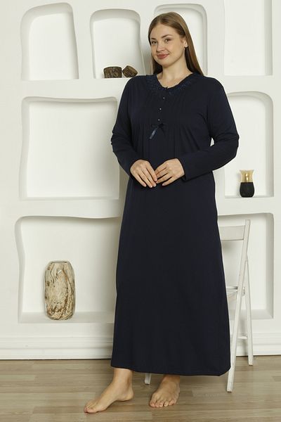 ERDENİZ TEKSTİL Combed Fabric V-Neck Plus Size Women's Nightgown / Lace Collar and Buttoned Front / Mother Nightgown